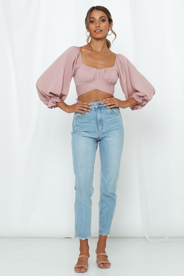 Spring Fashion Sexy Versatile Square-Neck Slim-Fitting Lantern-Sleeve Crop Top for Women