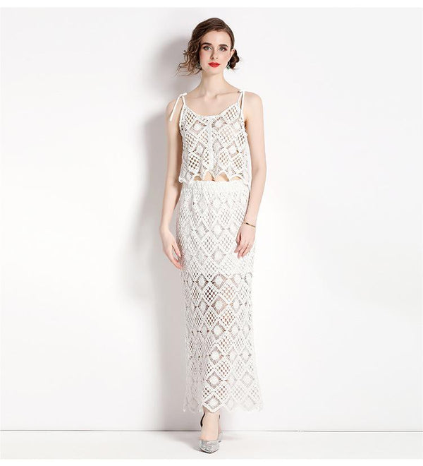 Hook Floral Embroidery Lace Hollowed Out Short Style Suspender and Bag Hip Split Half Dkirt Two-Piece Set