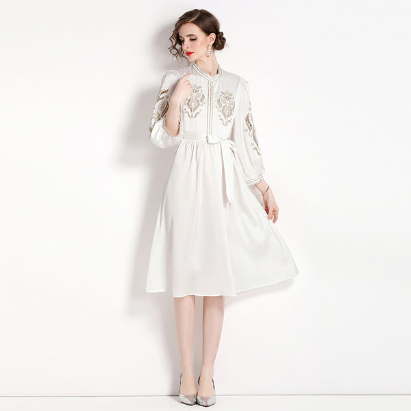 Heavy  Embroidered Lantern Sleeve Slim Dress