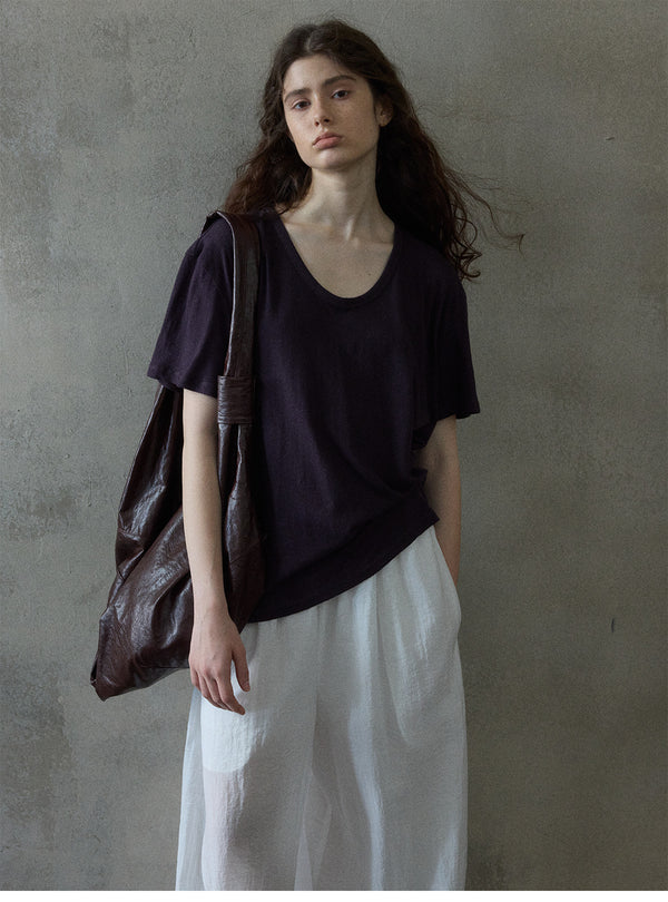 Summer Textured Linen Cotton U-shaped Neck Solid Color Women's T-shirt