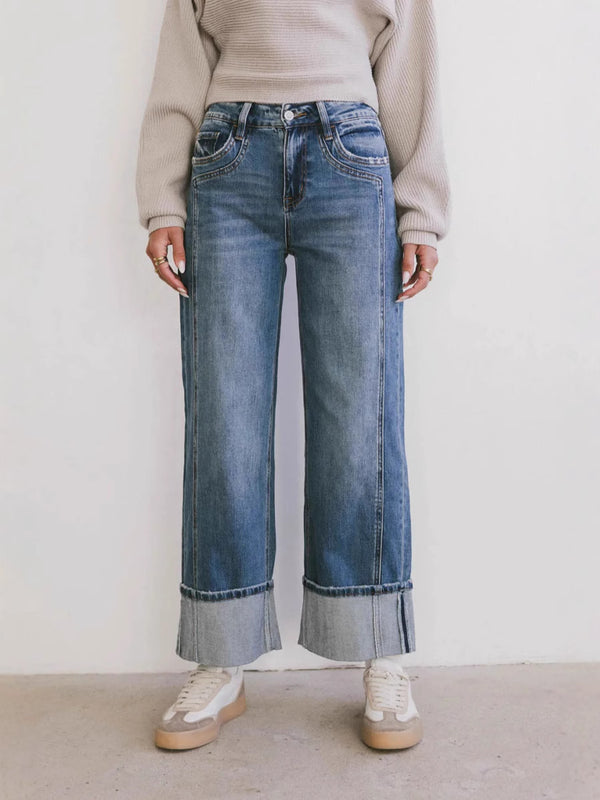 Summer Casual Fashion Straight Loose Washed Denim Pant for Women