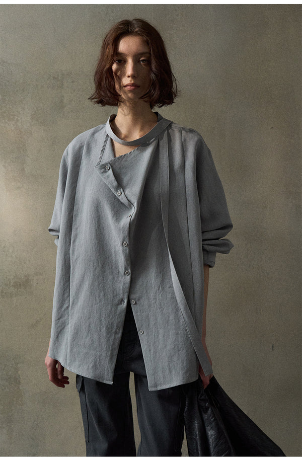 A Casual And Laid-Back With A Tencel Ribbon And Collar Women's Blouse