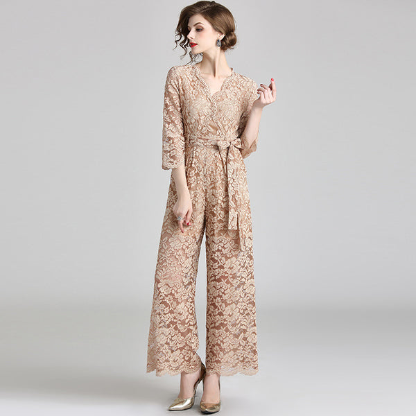 Lace Jumpsuit Women's Autumn Clothes New European and American Sexy V-neck Lace-Up Show Thin Trousers Wide Leg Pants