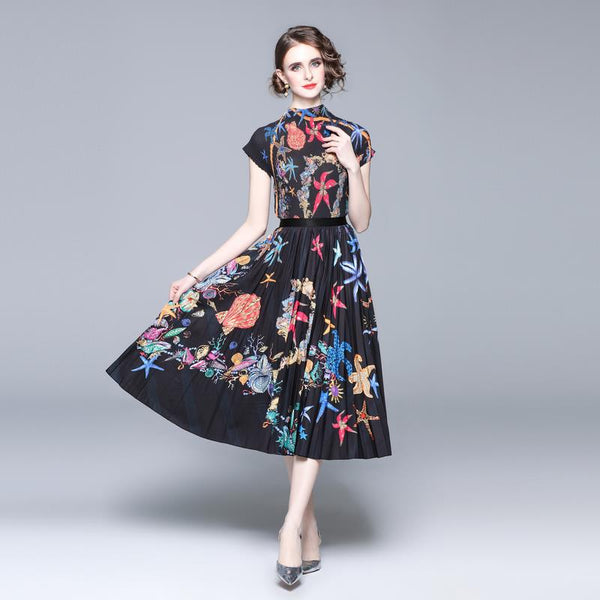 Vintage Print Pleated Short Sleeve Top and Pleated Skirt Fashion Two-Piece Suit