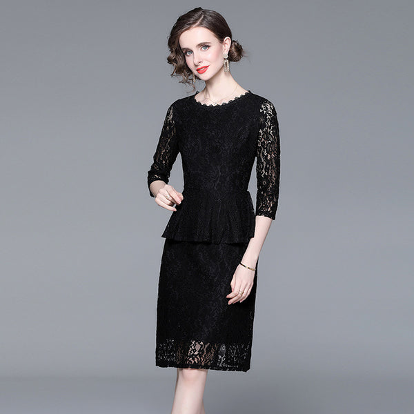 Temperament Elegant Lace Skirt Slim Slim Show Seven-Point Sleeve Mid-Skirt Dress