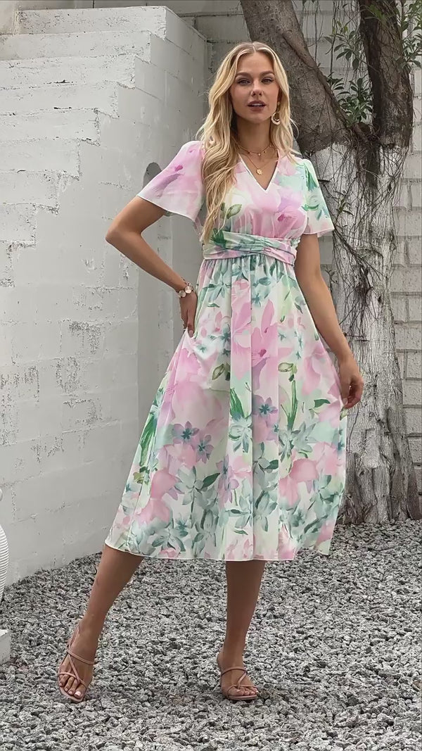 Summer Printed V-Neck Waisted Short Sleeve Holiday-Style Dress for Women
