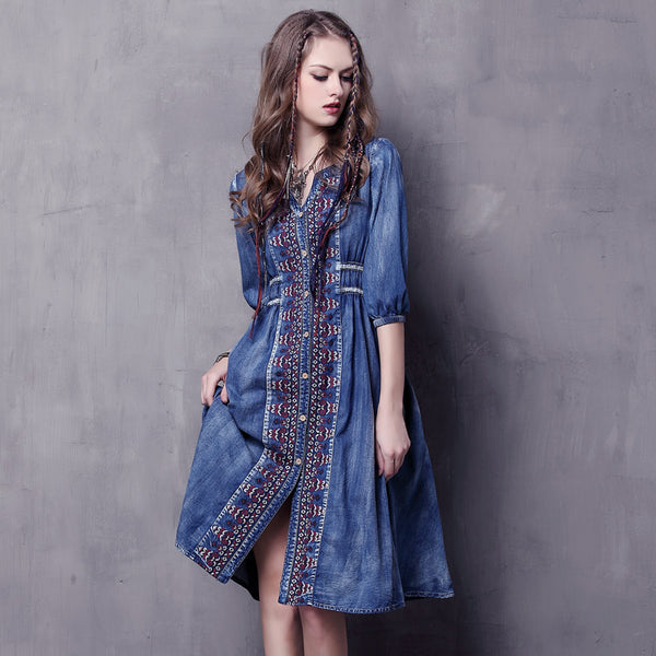 New Vintage Denim Embroidered Dress for 2023
