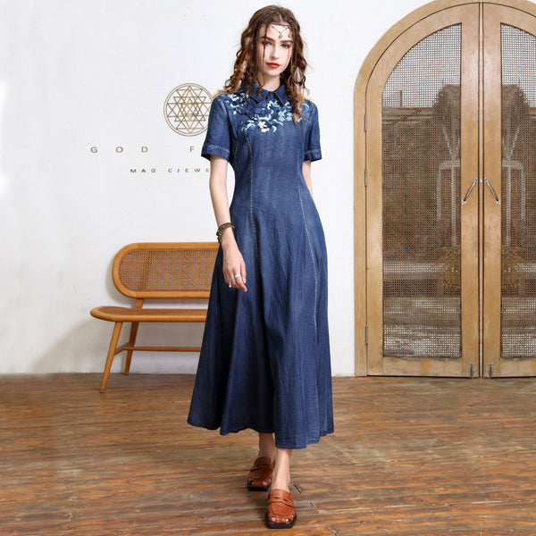 Slimming Embroidered Denim Long Skirt Retro Design Sense Improved Cheongsam Dress