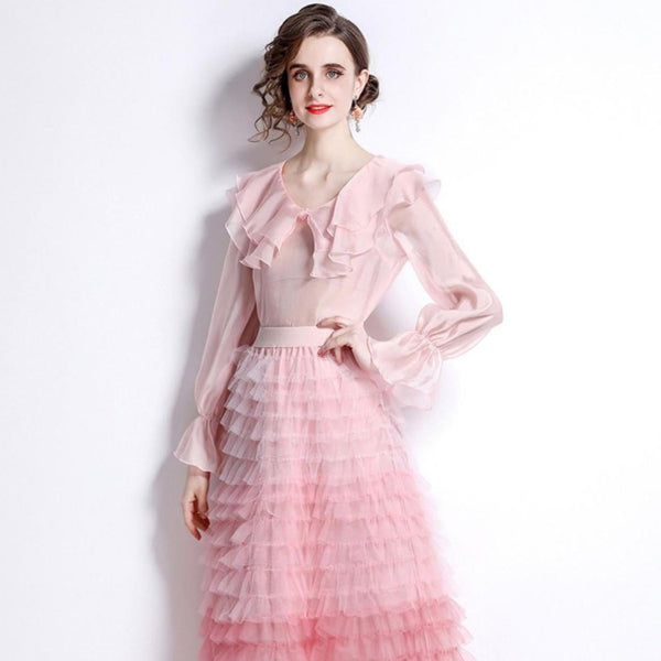 Sweet Peplum Top and Gradient Color Mesh Cake Skirt Suit