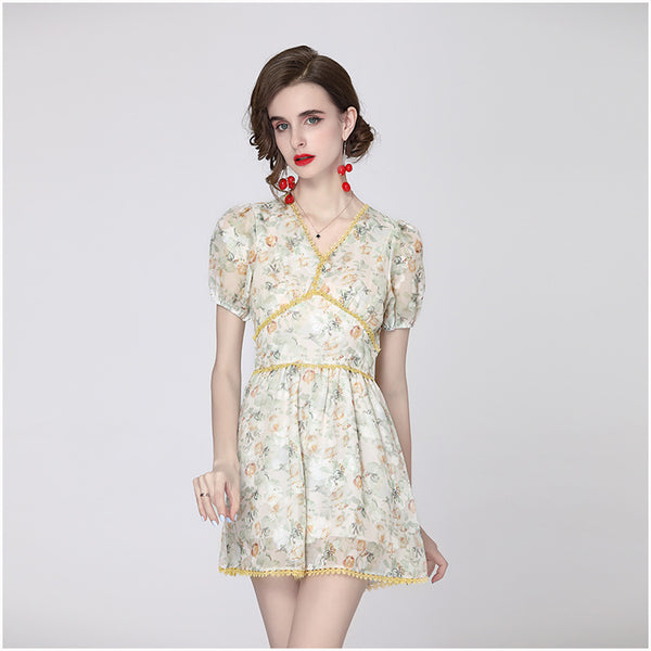 V-Neck Short-Sleeved Slim Jumpsuit Temperament Floral Wide-Leg Jumpsuit Shorts