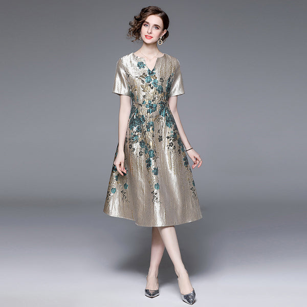 High Waist Big Swing Temperament Jacquard V-Neck Short Sleeve Slim Mid-Length Dress