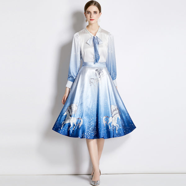 Stylish Top and Skirt Two-Piece Satin Mid-Length Suit