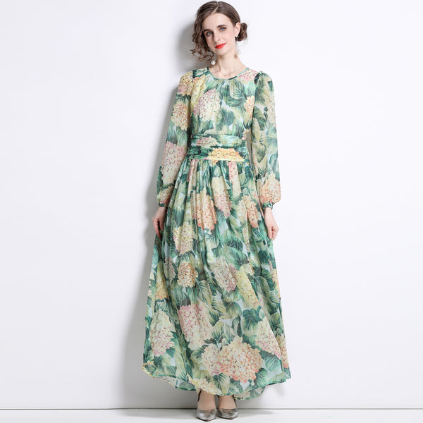 Temperament Chiffon Print Long-Sleeved Slim Long Skirt Green Crew Neck Dress